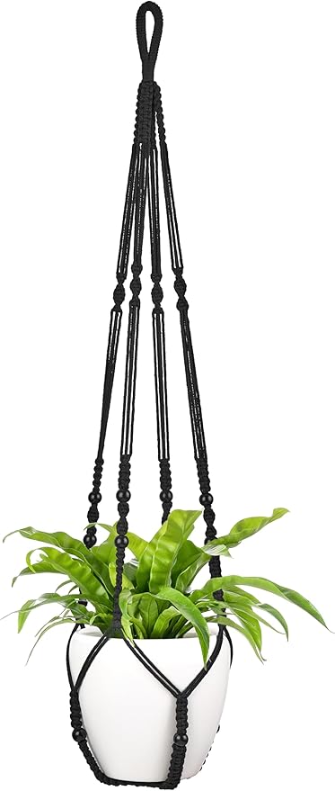 Mkono 43 Inch Macrame Plant Hanger Large for up to 12 Inch Pot Extra Long Hanging Plant Holder No Tassels Hanging Planter Basket with Wood Beads for Indoor Outdoor Boho Home Decor, Black