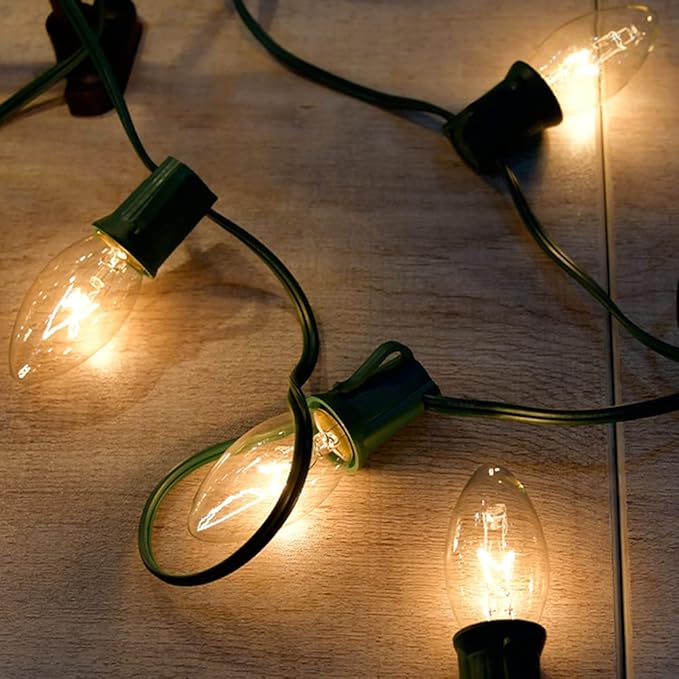 C9 Clear Christmas String Lights 25Ft C9 Outdoor Lights String with 26 Clear Bulbs, Hanging Christmas Roofline Light Patio Lights for Outdoor Decor 7 Watt C9/E17 Intermediate Base-Green Wire