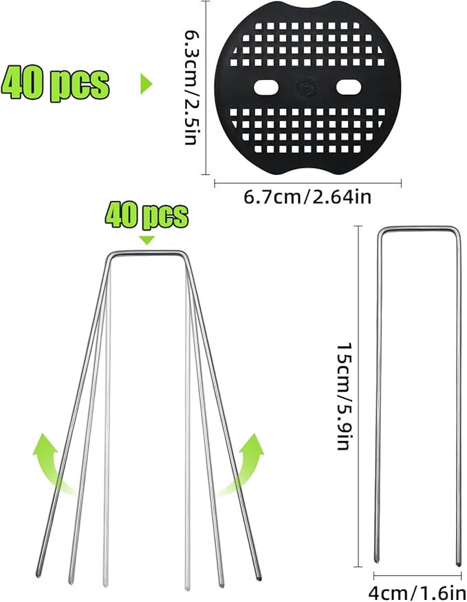 40 Pack 6 Inch Landscape Staples & 40pcs Fixing Gasket Sets, Garden Stakes Galvanized Steel Fabric Pins Heavy-Duty U Shape Sod Turf Pins for Ground Weed Fabric Barrier, Orchard, Yard, Tents