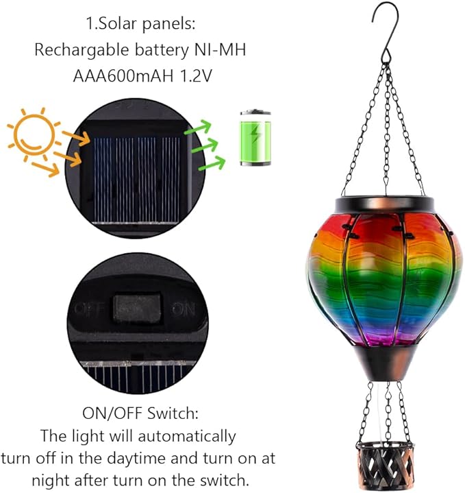 Starsoul 2 PC Solar Hot Air Balloon Lantern with Flame Multi-Color Hot Air Balloon Lantern with Candle Holder Metal & Glass Hanging Garden Light Waterproof Outdoor Lantern Decor