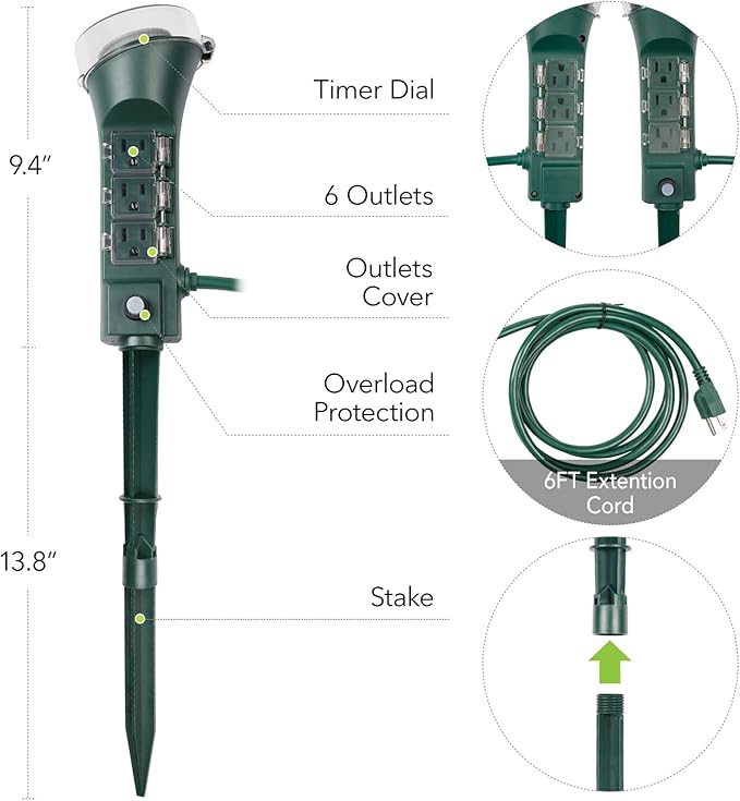 BN-LINK Outdoor Power Strip with Programmable Mechanical Timer and Yard Stake, 6 Grounded Outlets - 6 ft Cord, Weatherproof for Outdoor Lamps Lights Ponds Christmas Lights 1875W/15A ETL Listed
