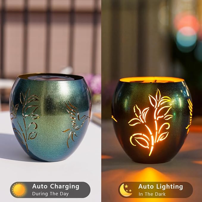 VEWOGARDEN Solar Lanterns Outdoor Waterproof Hummingbird & Plant Hollowed-Out Metal Lantern Solar Lights with Flickering Flame for Patio Porch Table, Green