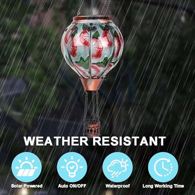 2PC Hot Air Balloon Solar Lantern with 2PC Shepherd Hook, Flickering Flame Hanging Solar Lanterns Outdoor Lights Waterproof Lanterns for Garden Patio Yard Party Decor (Hummingbirds & Flowers)