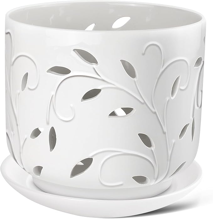 EFISPSS Orchid Pots with Holes, 7 Inch Orchid Pots with Drainage Holes and Tray, Indoor or Outdoor Ceramic Flower Pot for Orchid Care, Promoting Air Circulation and Drainage Plant Pot - White