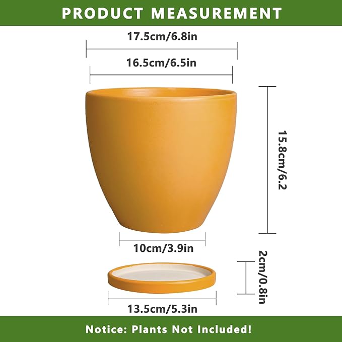 6 Inch Plant Pot - Ceramic Planter with Drainage Hole and Saucer, Modern Round Flower Pot, Planters for Indoor Plants, Home Garden Decor, Orange