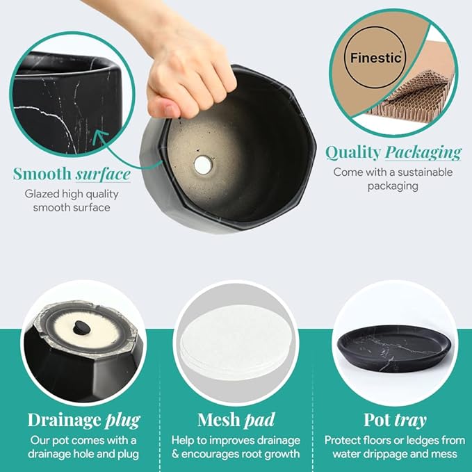 Black Plant Pot with Drainage Holes and Saucers, Ceramic Pots for Indoor Outdoor Plants, 4 & 5 Inch Premium Hand Glazed Sustainable Planters for Flower, Garden, Succulent, Nursery, Home Decor