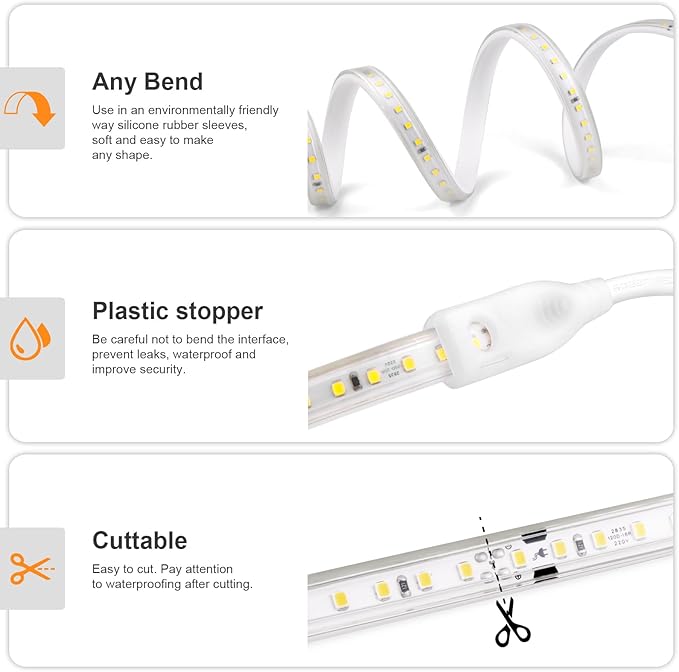 AIMENGTE LED Strip Lights Outdoor Waterproof, 600 LEDs, 6500K Cool White, 16.4ft LED Rope Lights for Bedroom, Kitchen, Garden, Patio, Indoor Christmas Decoration, AC 110V