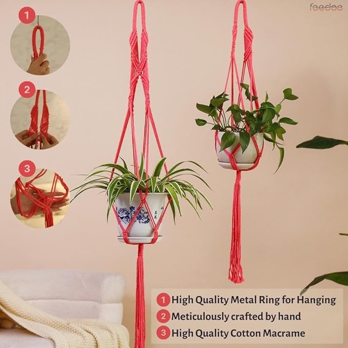 Macrame Plant Hangers Indoor Macrame Hanging Planters for Indoor Plants - 6 Pack Hanging Plant Holders Indoor Hanging, Macromay Plant Hangers for Indoor Plant Hanger, Boho & Home Decor (Pink)