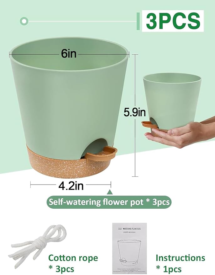 6in Self Watering Pots for Indoor Plants - 3pcs Bottom Watering African Violet Planters with Drainage, Plastic Houseplant Flower Pots for Snake Plant Succulent Garden Live Plants