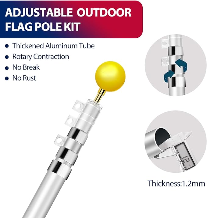 16FT Telescopic Flag Pole Kit, Heavy Duty 16 Gauge Aluminum Outdoor In Ground Flag Poles with an Embroidered 3x5 USA Flag, for Residential or Commercial,Garden,Yard Flag Poles