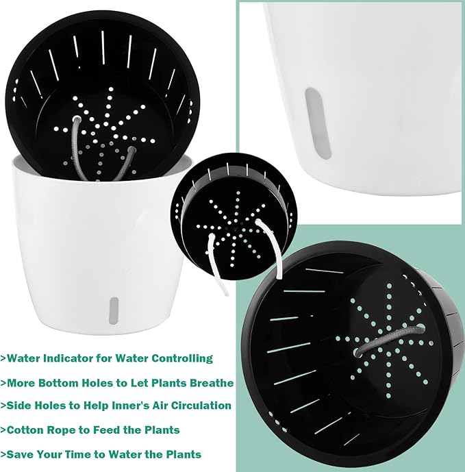 Planterhoma 6.7 Inch Self Watering Pots for Indoor Plants, 6 Packs White African Violet Pots with Water Indicator and Black Wick Pots, Self Watering Planters for Devil's Ivy, Indoor Plant Pots
