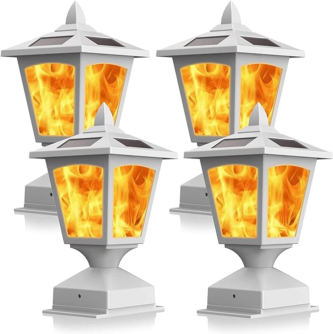 Solar Post Flame Light,Outdoor Deck Fence Post Cap LED Light,Waterproof 4x4 5x5 6x6 White Post Top Solar Powered Light with Flickering Flame for Garden Outside, 4 Pack