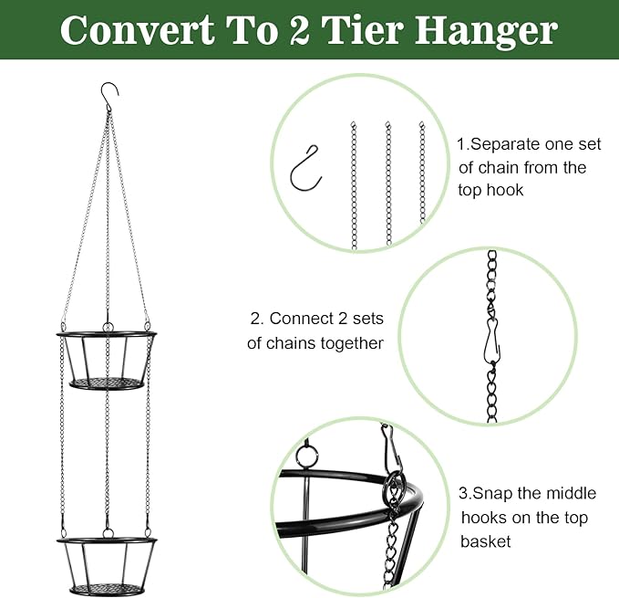 ARTORA 2 Pack Metal Plant Hanger, Modern Plant Hanging Basket Decorative Black Plant Pot Holder Flower Planter Hanging Chain for Balcony Porch Indoor Outdoor Home Decor (Black 2PCS)