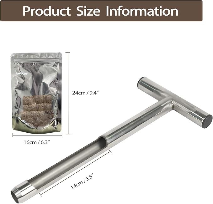 HiHydro 12 Inch Stainless Steel Soil Probe with 2 Sample Bags, T-Handle Soil Test Kit for Plant Care, Garden, Lawn, Farm