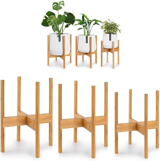 Fox & Fern Set of 3 Bamboo Plant Stand Indoor — Modern Raised Flower Pot Holders for 8, 10 & 11.8 Inch Planters (Not Included); Plug In Design; Two Height Options; Easy to Assemble - Bamboo