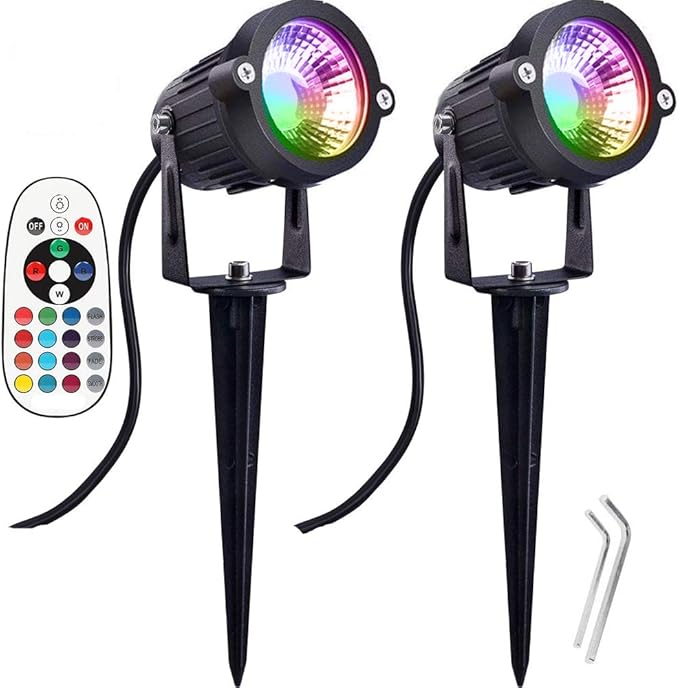 Pack of 2, 12V Low Voltage Outdoor LED Landscape Lights Waterproof Spotlight with Spike Stand for Driveway, Outdoor Lawn Lighting, Flood Garden, Yard (9W RGB)