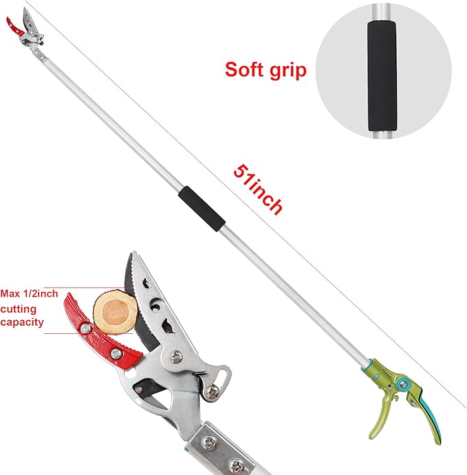 GARTOL Pruner for Garden, Cut Upto 1/2 Inch & Hold Pole Pruner, Lightweight Fruit Picker with 180 Degree Rotating Handle, Long Reach Tree Branch Cutter with Aluminum Pole, 4.2 FT, Silver