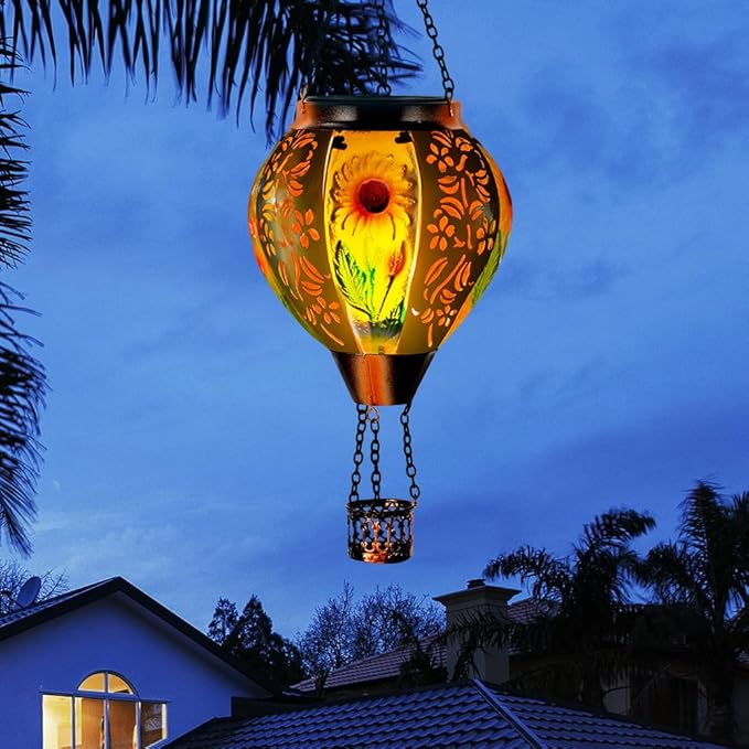 Starsoul Sunflowers Hot Air Balloon Solar Lantern Metal & Glass Solar Hot Air Balloon Hanging Garden Light Waterproof Outdoor Lantern for Patio Yard Party Decorations