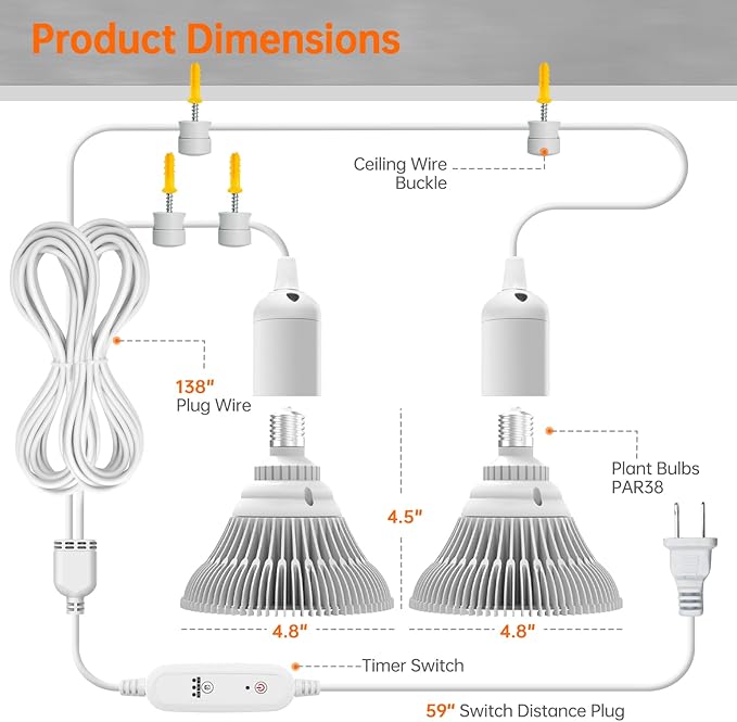 Hanging Grow Light for Indoor Plants, One Cord Double Head, 50W (25W X 2) Full Spectrum, White Led Plant Light Bulb with timer for Tall Plant, Pendant or Ceiling Installation, 16.4FT Power Cord