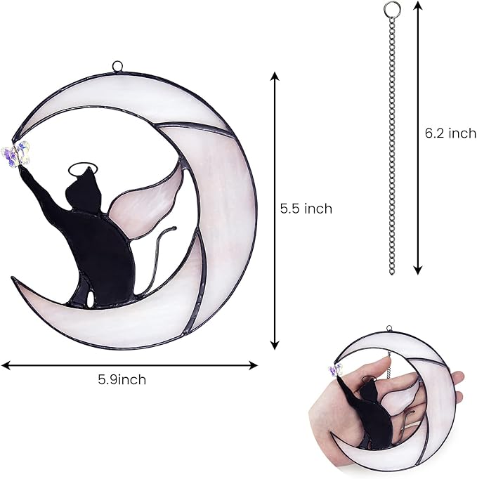 Stained Glass Suncatcher: Angel-Winged Cat Catching Butterfly on Moon - Memorial Gift for Cat Loss