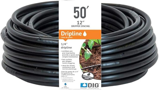 DIG SH50, 50', ¼" MICROLINE Dripline -12” Spacing, .52 GPH, .170 ID x .250 OD, Color Black – UV Protected Drip Line