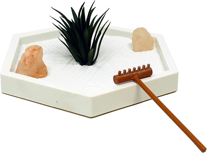 Nature's Mark Mini Zen Garden Kit for Desk with White Sand, Rake, White Base, Salt Rock and Air Plant (Hexagon)