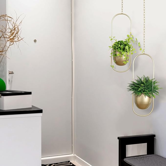 AceList Boho Hanging Planter for Indoor Plants - Set of 2 Gold Metal Wall Planter 5.7Inch with Hooks and Chins, Plant Hanger Decor for Window and Patio - Suitable for Hanging Plants Decor
