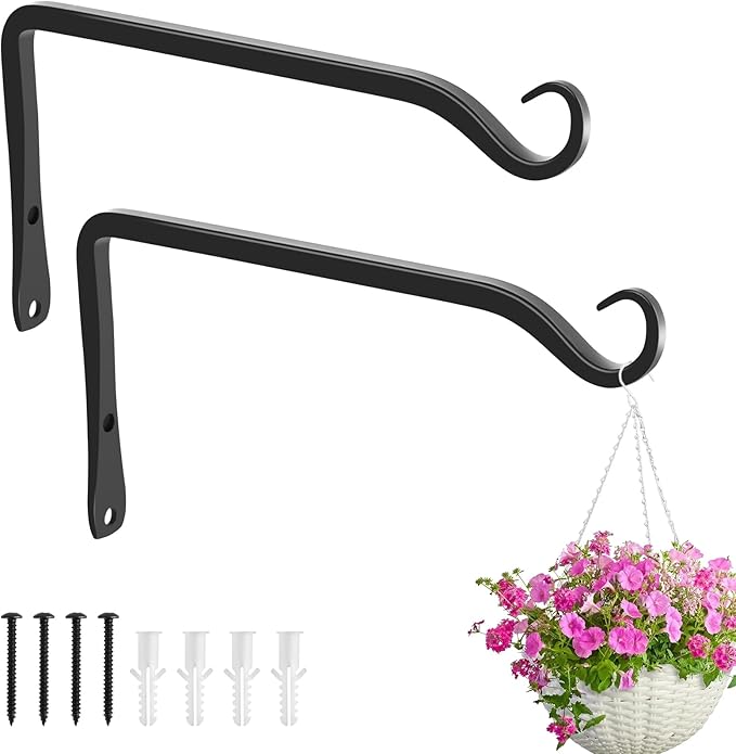 Gtongoko 2 Pack 8 Inch Metal Plant Hangers Wall Hooks for Hanging Plant Brackets, Outdoor Hooks for Hanging Bird Feeders, Flower Baskets, Lanterns, Wind Chinme, Solar Lamps
