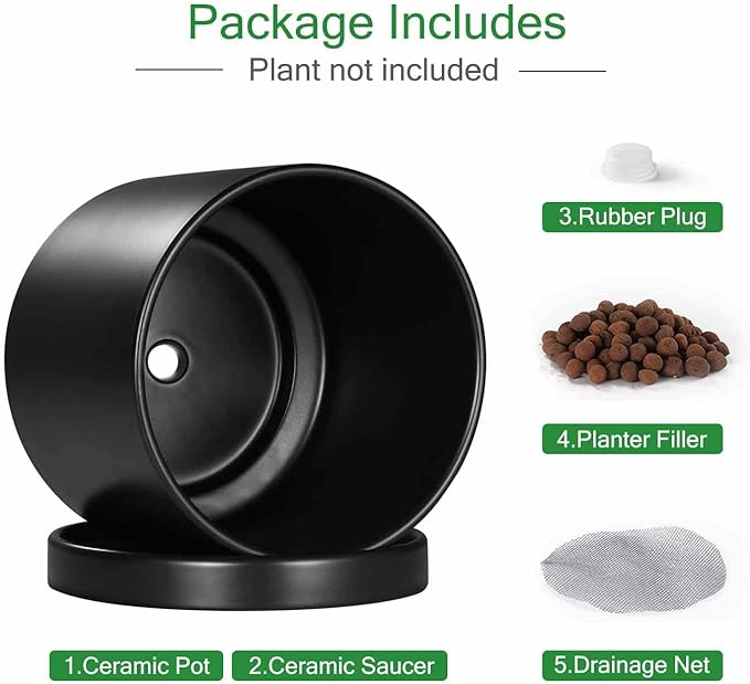 Aveyas 6 inch Ceramic Plant Pot with Drainage Hole and Saucer - Suitable for Indoor and Outdoor Use, Modern Planters for House Garden Orchid Flower Snake Monstera Plants (6", Matte Black)