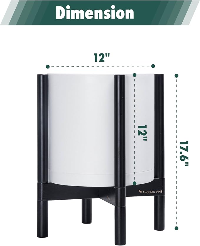 D'vine Dev Planter Pot with Stand - 12 Inch Plastic Cylinder Flower Pot with Wood Planter Holder for Indoor, Matte White Pot + Ebony Stand, 55-C-H-1