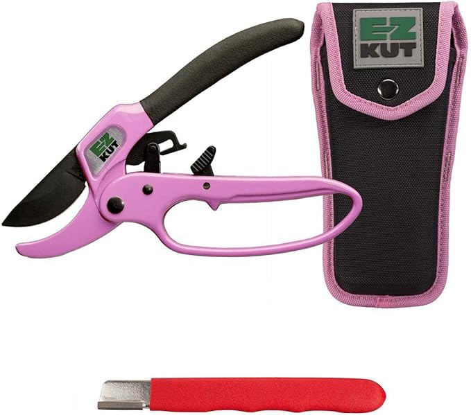 EZ Kut Original Ratcheting Pruner Kit with Molded Ballistic Nylon Sheath and Carbide Blade Tool, Pink and Black