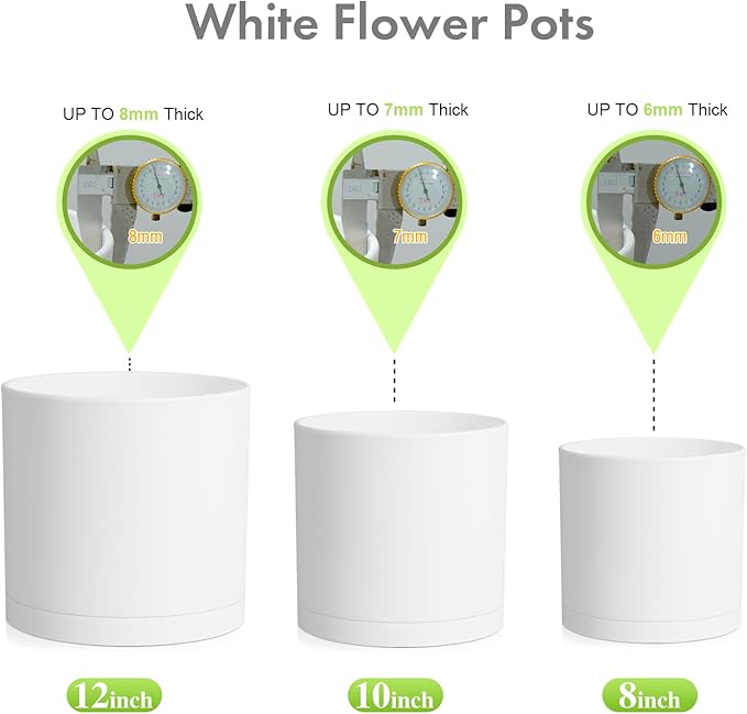 12/10/8 inch Large Plant Pots, 3 Pack Deep Cylinder Flower Pots for Outdoor Indoor Plants, Tall Plastic Planters with Drainage Holes and Saucers for Garden House Plants, White