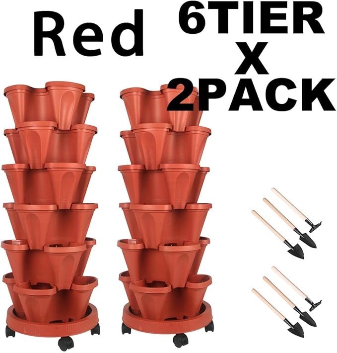 Vertical Planter 6 Tier Stackable Planters Garden Planters Strawberry Herb Flower and Vegetable Planter Indoor Outdoor Gardening Pots with Removable Wheels and Tools 2-Pack