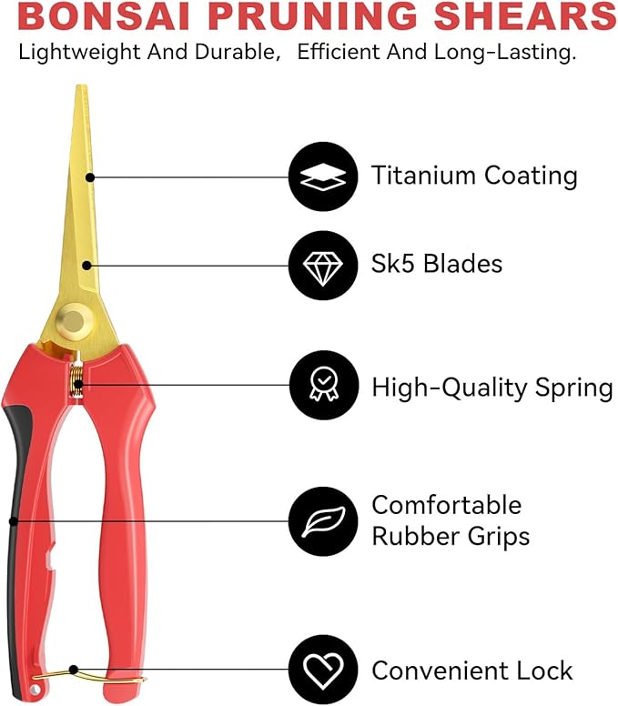 FLORA GUARD Professional bonsai Pruning shear set, long blade pruning scissors and scimitar tip pruning scissors, gold plated titanium flower scissors set, suitable for indoor plants, bonsai