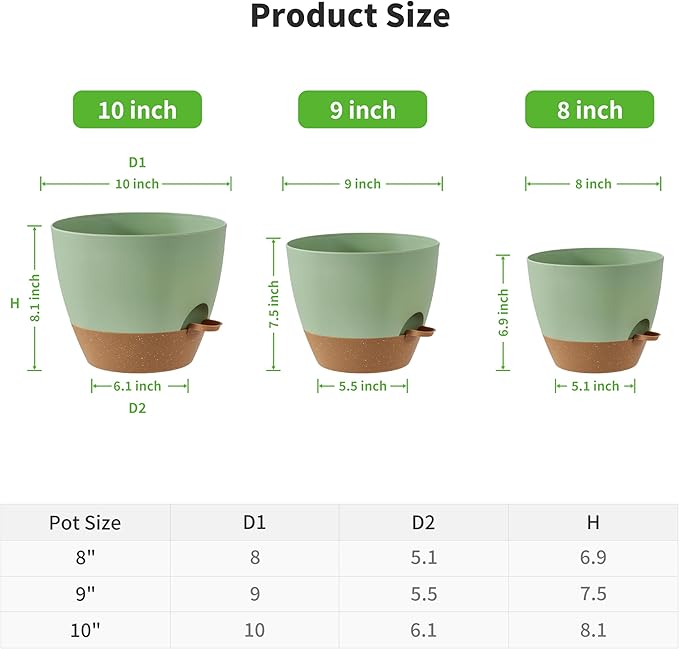 FaithLand 3-Pack Planter Pots, 10 9 8 Inch Self Watering Flower Pots for Indoor Outdoor Garden Plants, Green with Brown