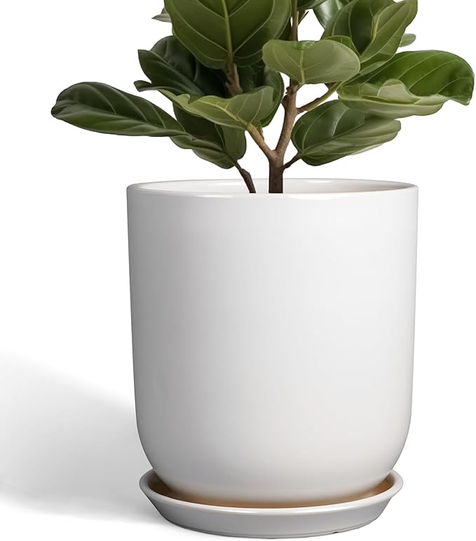 Pots for Plants - 10 Inch Ceramic Plant Pot with Drainage Hole and Saucer Large Planter for Plants Indoor Outdoor Modern Flower Pot for Home Decor White