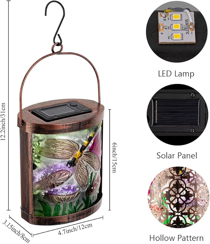 Starsoul 2 Pack Hanging Solar Lantern Outdoor Waterproof Glass Dragonfly Decorative Solar Lights for Outside Garden Yard Table Patio Decor
