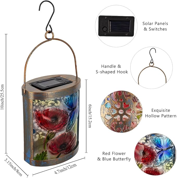 2 Pack Glass Butterfly Solar Lanterns Outdoor Waterproof, Hanging LED Solar Lantern for Tabletop Garden Yard Patio Decor