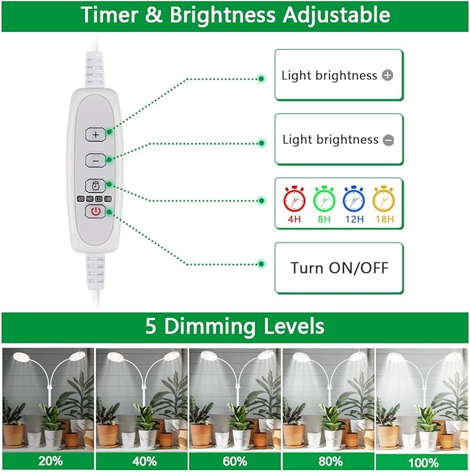 Grow Light Dual Ring 3.5" with Base, 122 LEDs 6000K White Full Spectrum Gooseneck Plant Lamp for Indoor Desk Plants, Dimmable & Height Adjustable 9-16", Timer 4/8/12/18Hrs