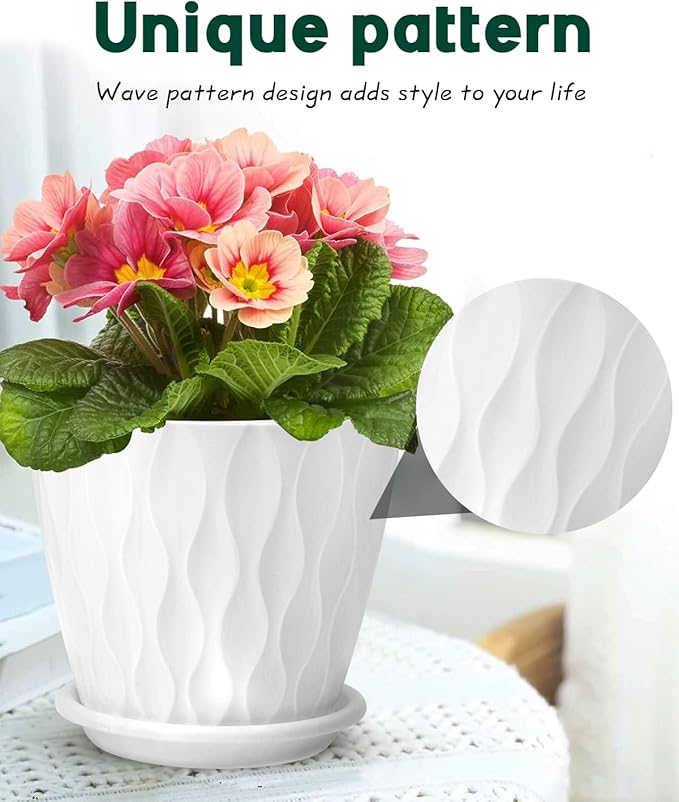 6 Inch Indoor Planter Pots with Drainage Hole and Tray Saucer,Flower Pots for Indoor Outdoor Garden Plants and Flowers, Multicolor, 5 Packs (White)