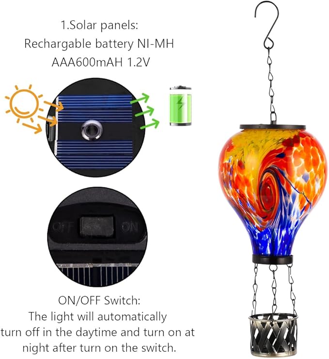Starsoul Solar Hot Air Balloon Lantern with Flame Tie-Dye Style Hot Air Balloon Lamp Glass Outdoor Solar Hanging Lantern Waterproof for Garden Yard Patio