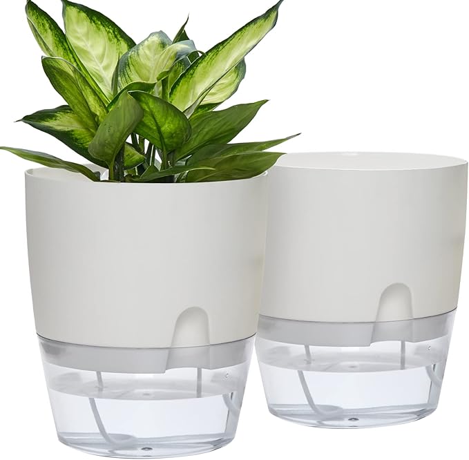 Self Watering Planter for Indoor Plants, 2 Pack 9.3 Inch Flower Pot Modern Decorative Plastic Planter with Extra Large Water Storage for All House Plants, Flowers, Herbs(White)