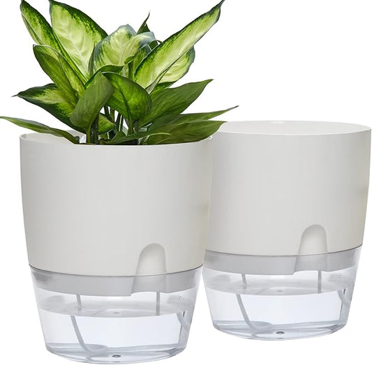 Self Watering Planter for Indoor Plants, 2 Pack 9.3 Inch Flower Pot Modern Decorative Plastic Planter with Extra Large Water Storage for All House Plants, Flowers, Herbs(White)