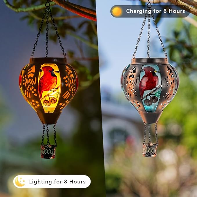 Cardinal Solar Hanging Lanterns Hot Air Balloon, Solar Outdoor Lanterns with Flame Decor for Garden Yard Patio, Cardinal Solar Lights Birthday Gift for Mom