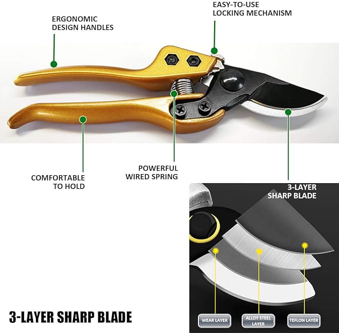 BUGUI 8" Heavy-Duty Pruning Shears, Professional Bypass Gardening Scissors, 1" Cutting Capacity, Sharp Garden Clippers with Low-friction Painted Stainless Steel Blade (Gold)