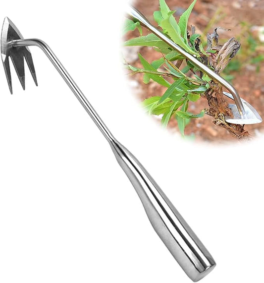 Amposei Stainless Steel Multifunctional Weeder, Hand Weeder Tool Stand Up Weed Puller Tool with Long Handle, V-Shaped Light Duty Hand Weeder for Lawn Garden Yard Farm Weed Removal (Stainless Steel)