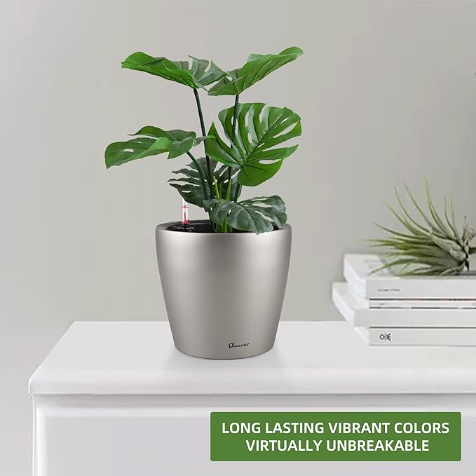 Dexceder 9x8 Inches Self Watering Planter Metallic Matte Indoor Outdoor, Inner Pot Design, Thickened Table Flower Plant Pot with Water Level Indicator (Smoky Gray)