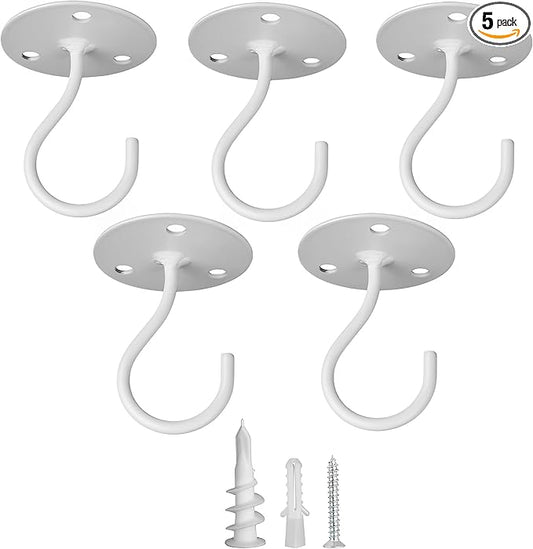 Ceiling Hooks for Hanging Plants- Metal Heavy Duty Wall Mounted Hangers for Hanging Bird Feeders, Planters, Wind Chimes, Include Professional Drywall Anchors (5 Pack) (Bright White)