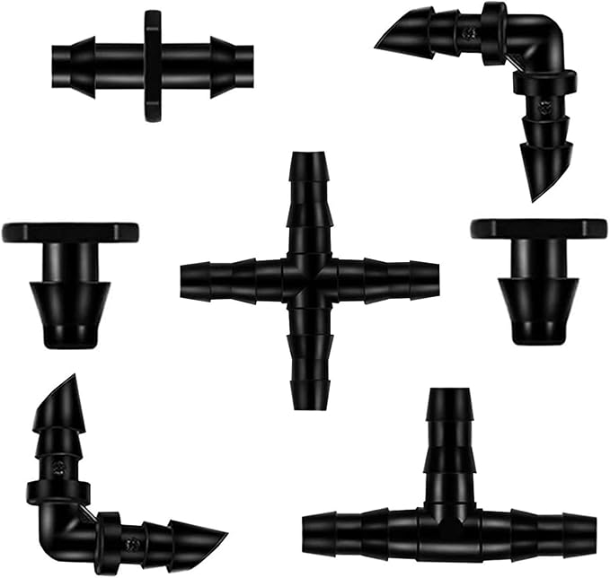 HOINCO 300Pcs Barbed Connectors Irrigation Fittings Kit, Drip Irrigation Barbed Connectors for 1/4 Inch Tube, for Flower Pot Garden Lawn (Elbows, End Plug, Straight Barbs, Tees, 4-Way Coupling)