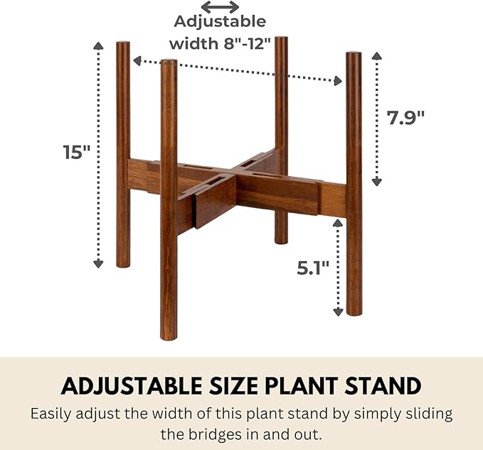 Fox & Fern Adjustable Plant Stand Indoor — 8 to 12 Inch Mid Century Bamboo Plant Stand with Adjustable Width; Plug In Design; Easy to Assemble; Two Height Options - For 8, 9, 10, 11 & 12 Inch Pots